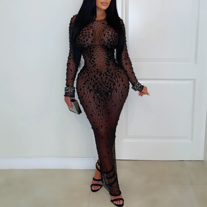Sheer Mesh Rhinestone Sheath Dress