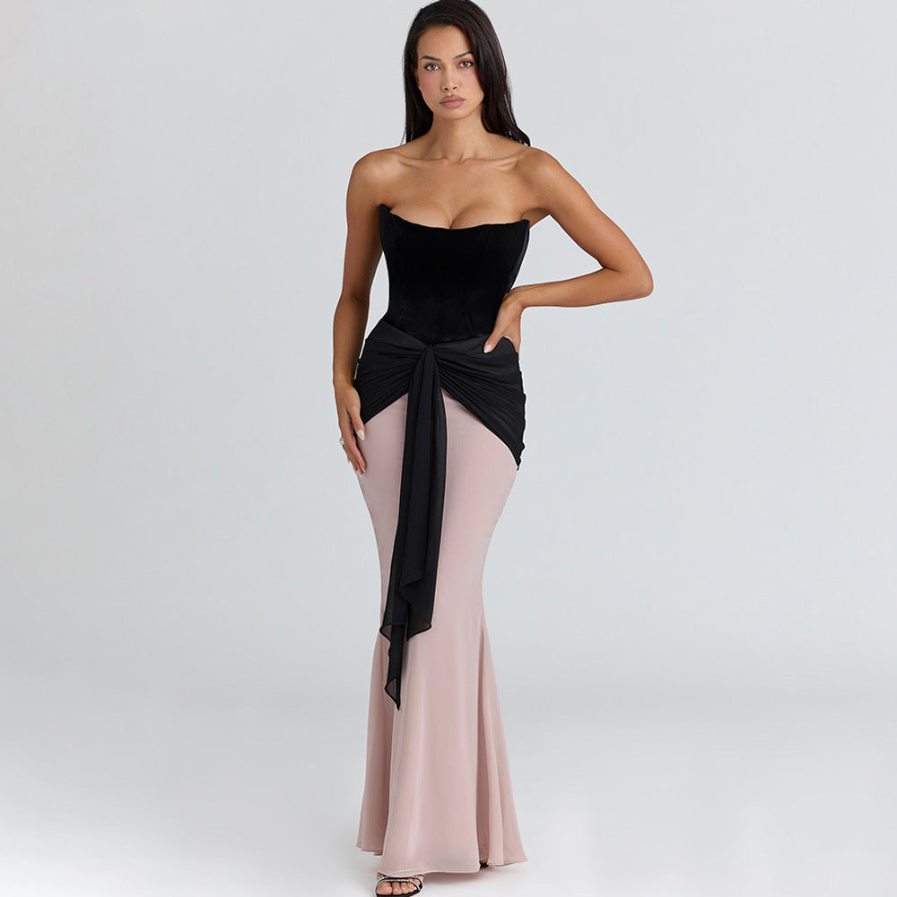 Pleated Ribbon Slim High Waist Color Contrast Chest Wrap Dress