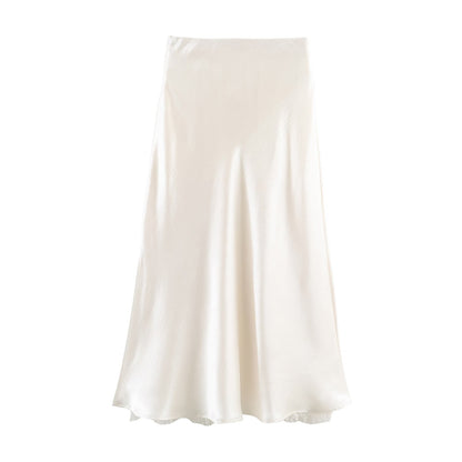 Satin Acetate Lace Patchwork A-Line Midi Skirt