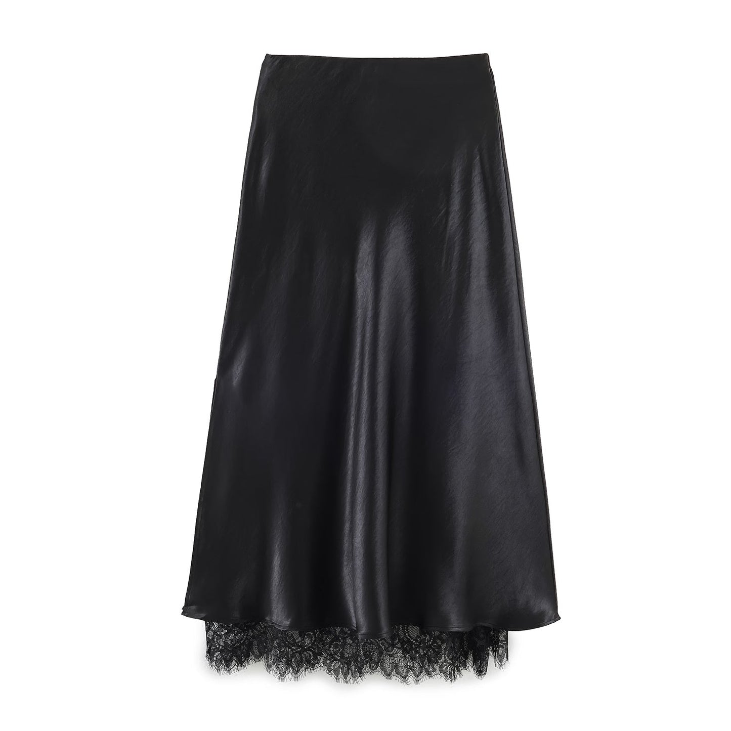 Satin Acetate Lace Patchwork A-Line Midi Skirt
