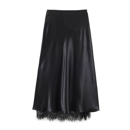 Satin Acetate Lace Patchwork A-Line Midi Skirt