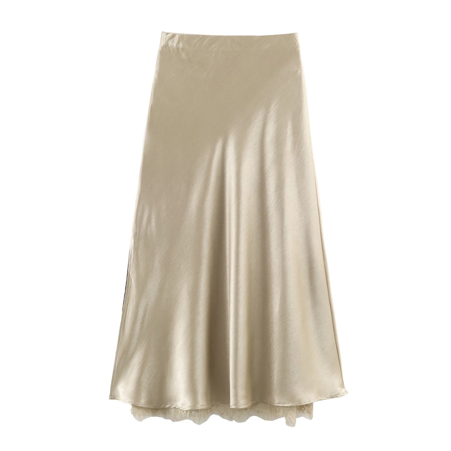 Satin Acetate Lace Patchwork A-Line Midi Skirt