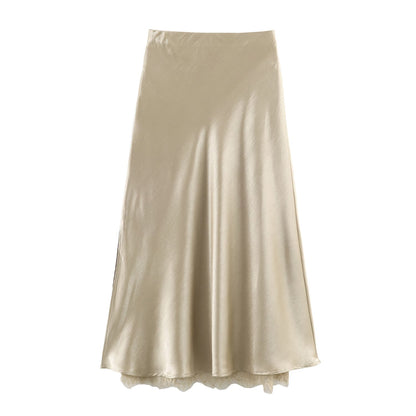 Satin Acetate Lace Patchwork A-Line Midi Skirt