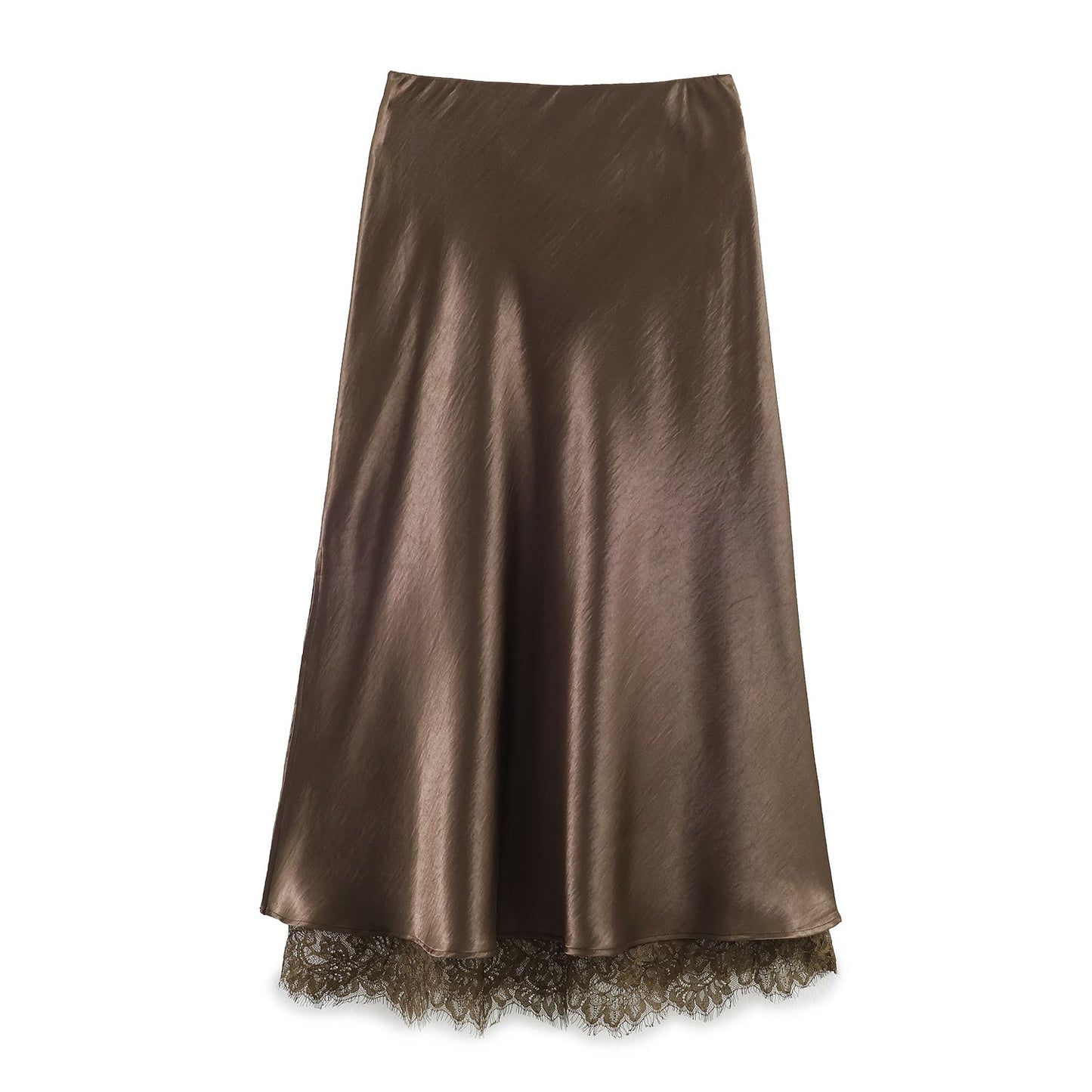 Satin Acetate Lace Patchwork A-Line Midi Skirt