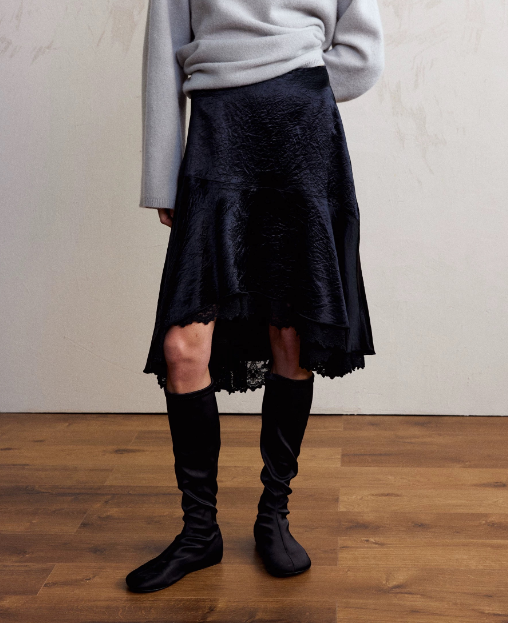Satin Lace Asymmetric Hem Elegant Midi Skirt