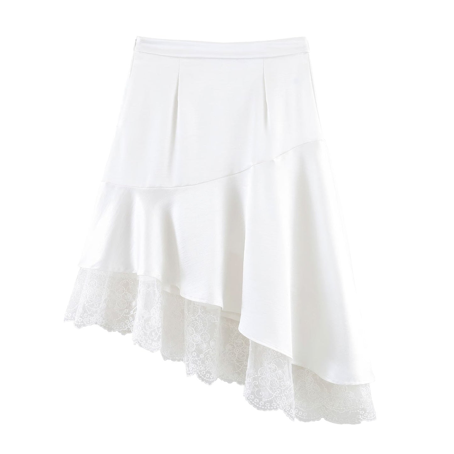 Satin Lace Asymmetric Hem Elegant Midi Skirt