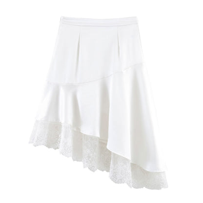 Satin Lace Asymmetric Hem Elegant Midi Skirt