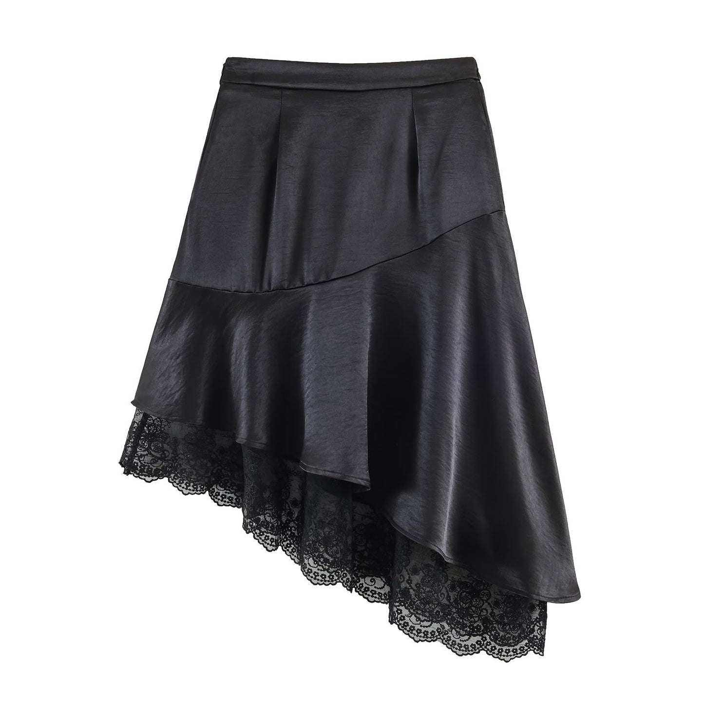 Satin Lace Asymmetric Hem Elegant Midi Skirt