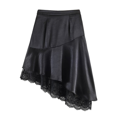 Satin Lace Asymmetric Hem Elegant Midi Skirt