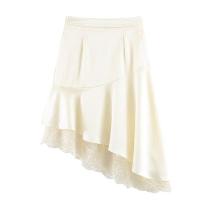 Satin Lace Asymmetric Hem Elegant Midi Skirt