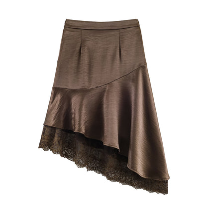 Satin Lace Asymmetric Hem Elegant Midi Skirt