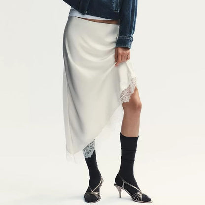 Satin Acetate Lace Asymmetric Midi Skirt