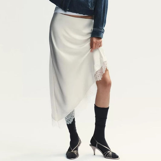 Satin Acetate Lace Asymmetric Midi Skirt