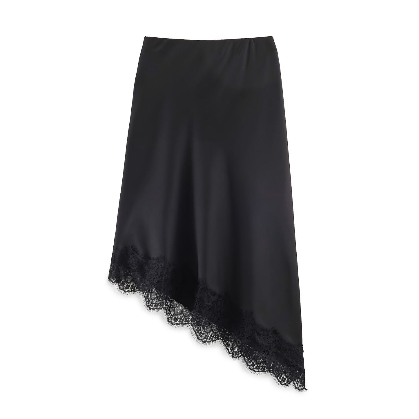 Satin Acetate Lace Asymmetric Midi Skirt