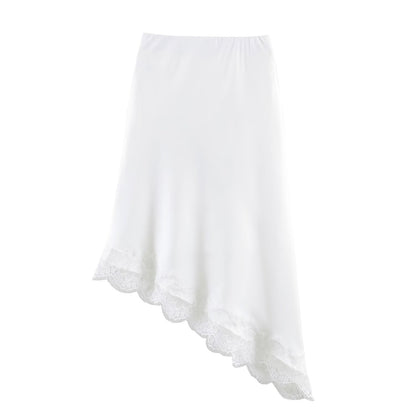 Satin Acetate Lace Asymmetric Midi Skirt