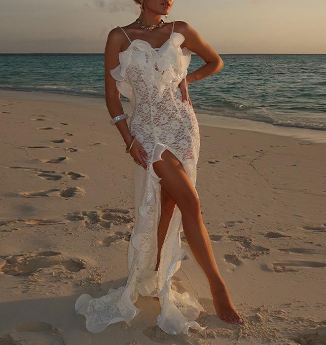 V-Neck Backless Wave Ruffle Spaghetti Strap Dress