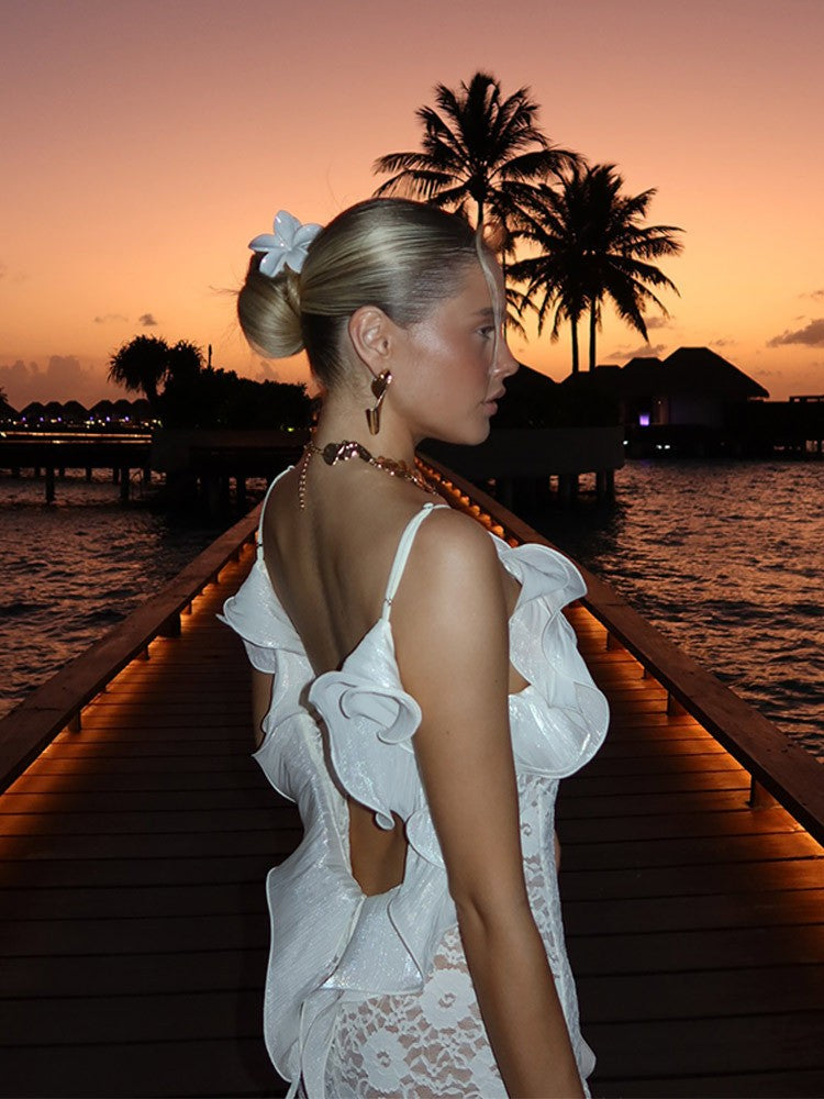 V-Neck Backless Wave Ruffle Spaghetti Strap Dress