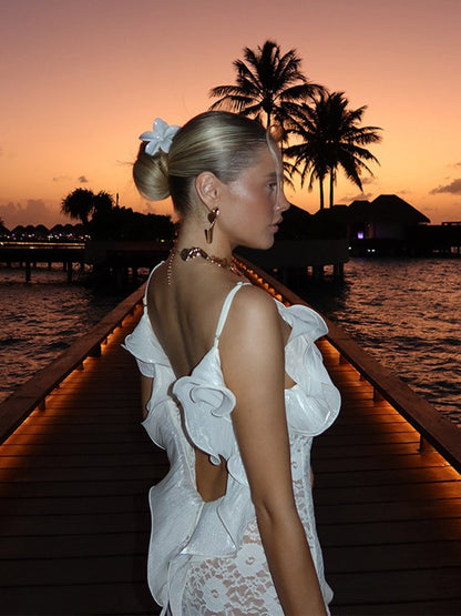 V-Neck Backless Wave Ruffle Spaghetti Strap Dress