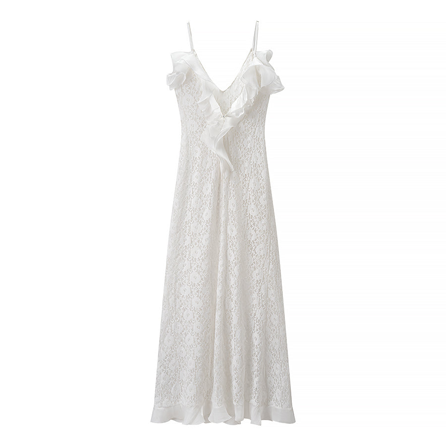 V-Neck Backless Wave Ruffle Spaghetti Strap Dress