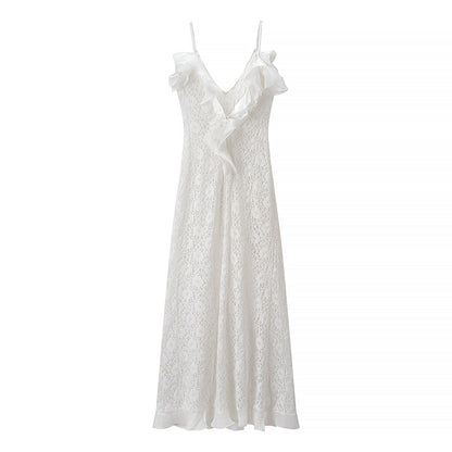 V-Neck Backless Wave Ruffle Spaghetti Strap Dress
