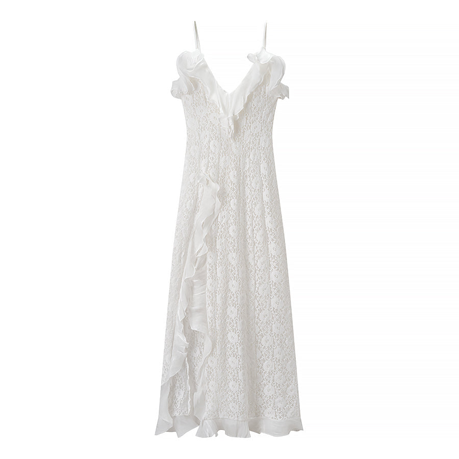 V-Neck Backless Wave Ruffle Spaghetti Strap Dress