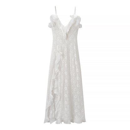 V-Neck Backless Wave Ruffle Spaghetti Strap Dress