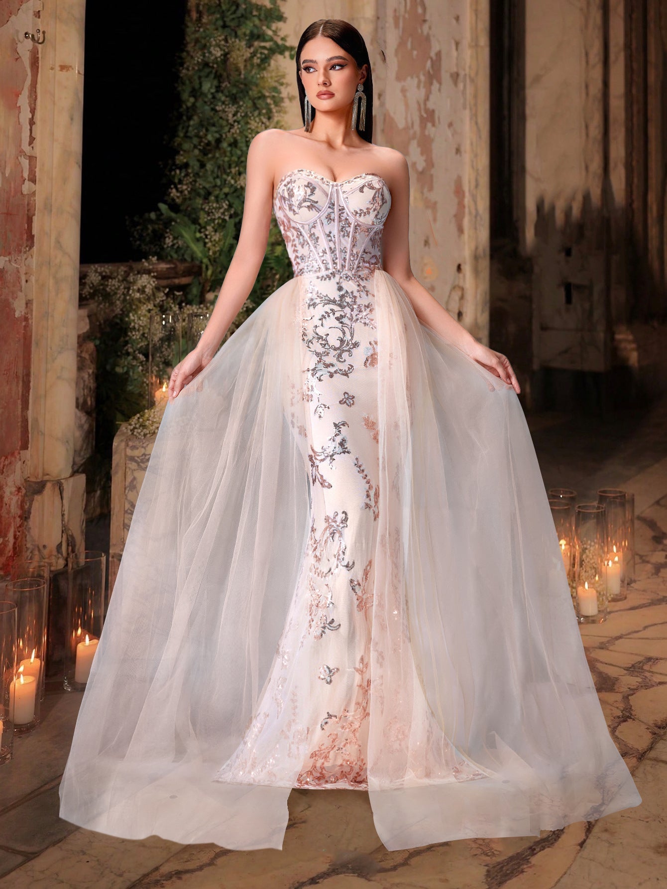 Boning Corset Sequin Embroidered Slim Trailing Evening Dress