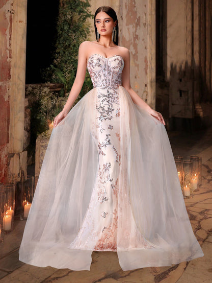Boning Corset Sequin Embroidered Slim Trailing Evening Dress