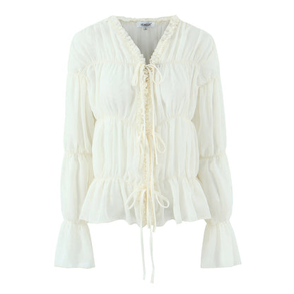 Ruffle Lace-Up V-Neck Loose Chiffon Blouse