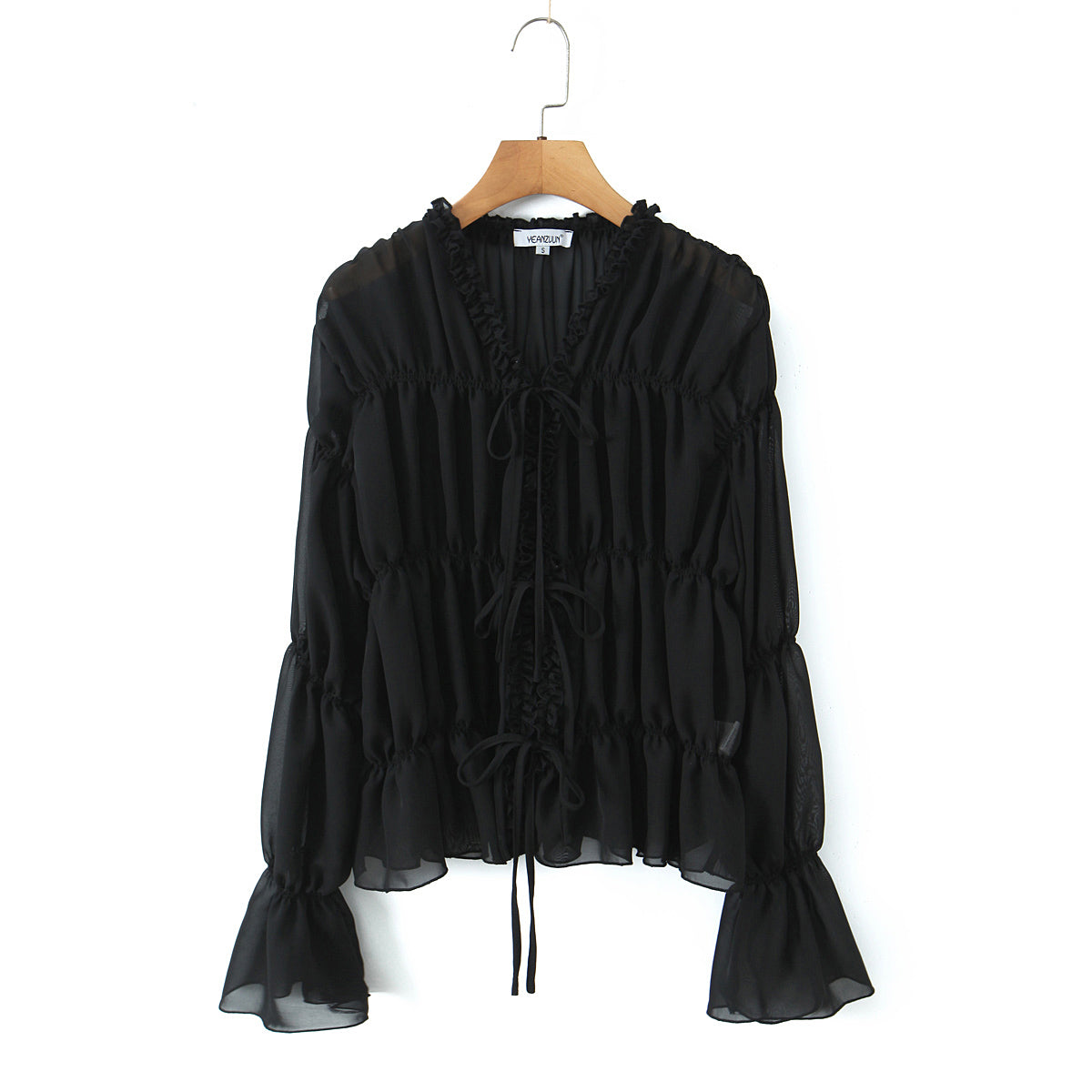 Ruffle Lace-Up V-Neck Loose Chiffon Blouse