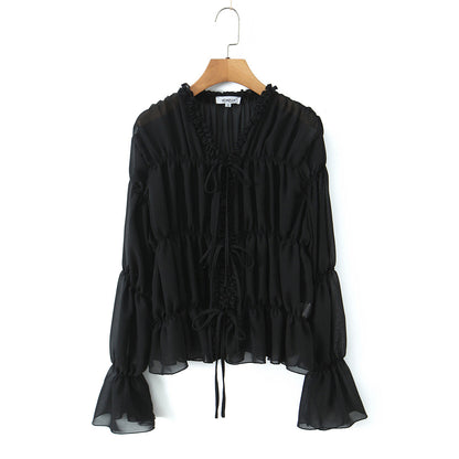 Ruffle Lace-Up V-Neck Loose Chiffon Blouse