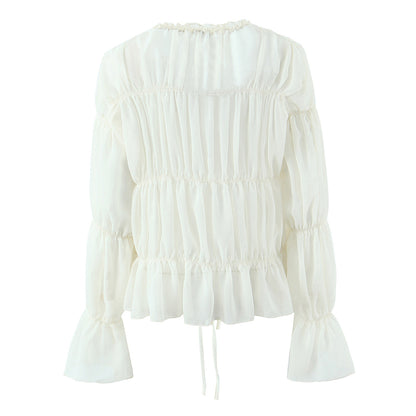 Ruffle Lace-Up V-Neck Loose Chiffon Blouse