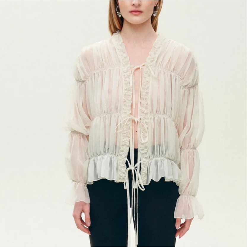 Ruffle Lace-Up V-Neck Loose Chiffon Blouse