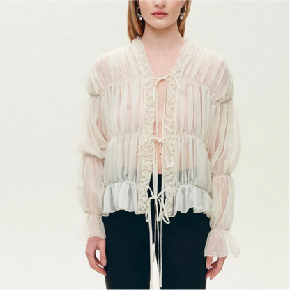 Ruffle Lace-Up V-Neck Loose Chiffon Blouse