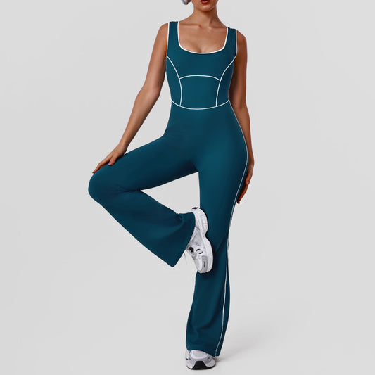 Contrast Color Hollow-Out Padded Yoga Bodysuit Jumpsuit