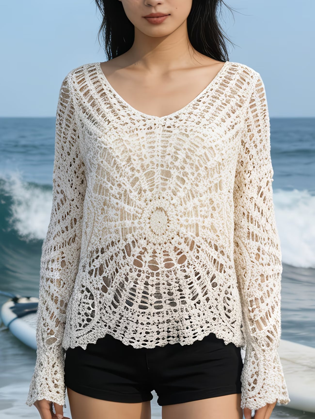 Openwork Lace Knit Long Sleeve Sun Protection Cover-Up