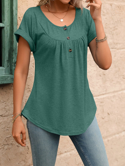 Solid Round Neck Button Loose Short Sleeve Tee