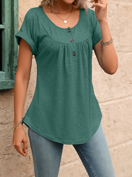 Solid Round Neck Button Loose Short Sleeve Tee