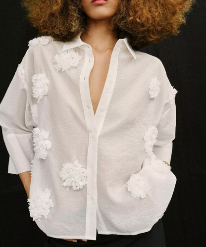 Embossed Floral Polo Collar 3/4 Sleeve Shirt