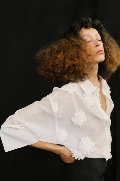 Embossed Floral Polo Collar 3/4 Sleeve Shirt