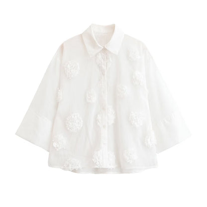 Embossed Floral Polo Collar 3/4 Sleeve Shirt