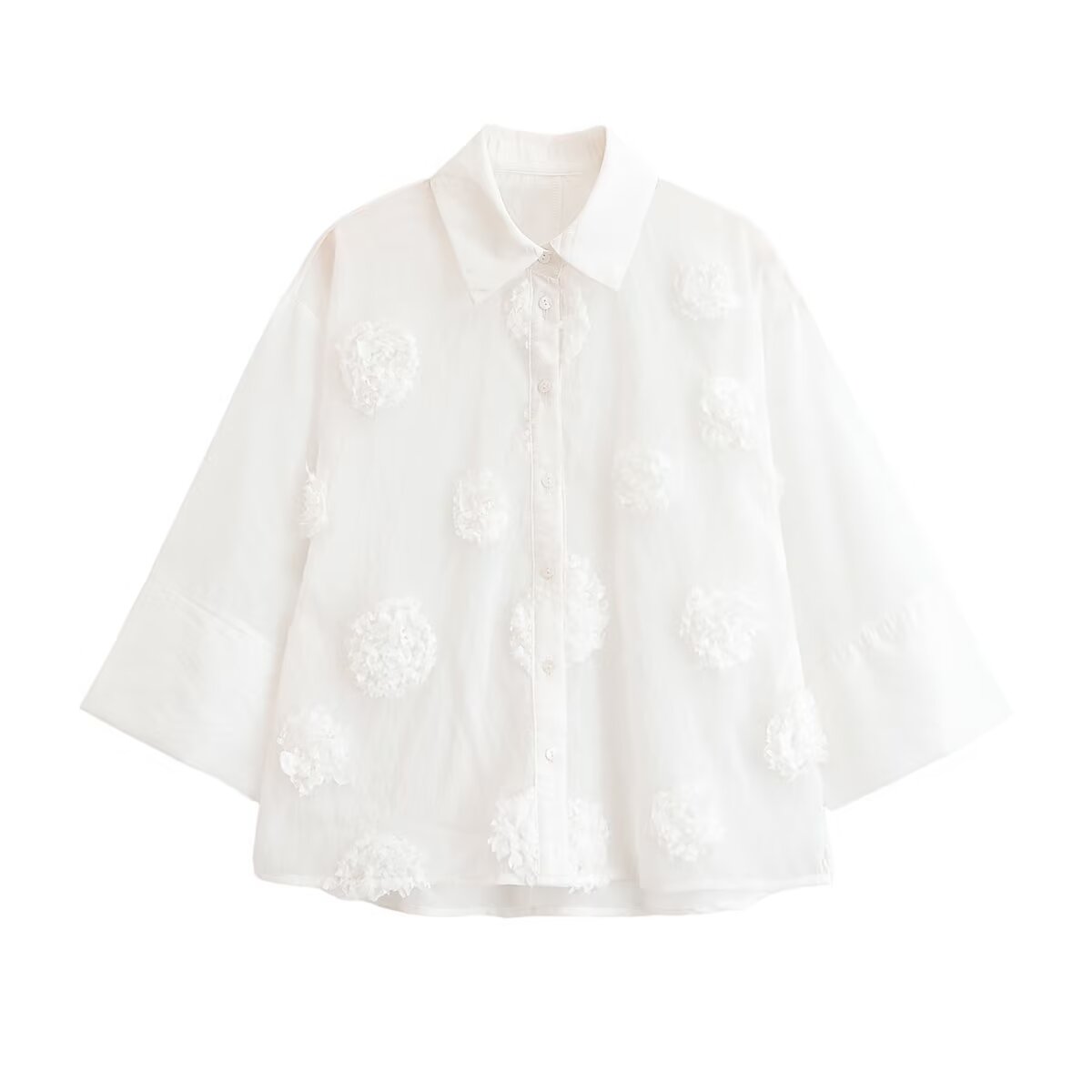 Embossed Floral Polo Collar 3/4 Sleeve Shirt