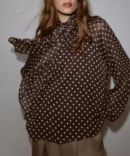 Bowknot Polka Dot Tie-Neck Long Sleeve Blouse