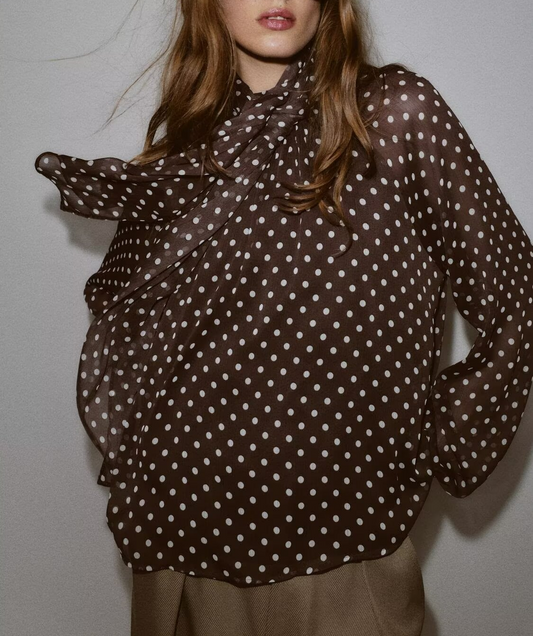 Bowknot Polka Dot Tie-Neck Long Sleeve Blouse