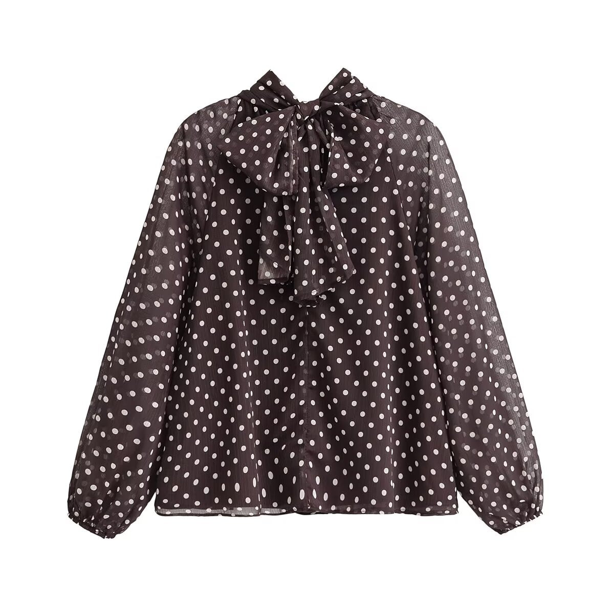 Bowknot Polka Dot Tie-Neck Long Sleeve Blouse