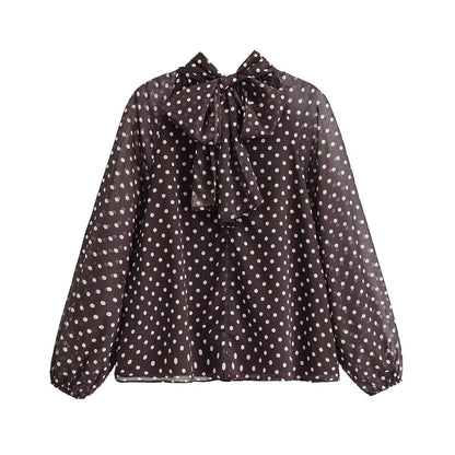 Bowknot Polka Dot Tie-Neck Long Sleeve Blouse