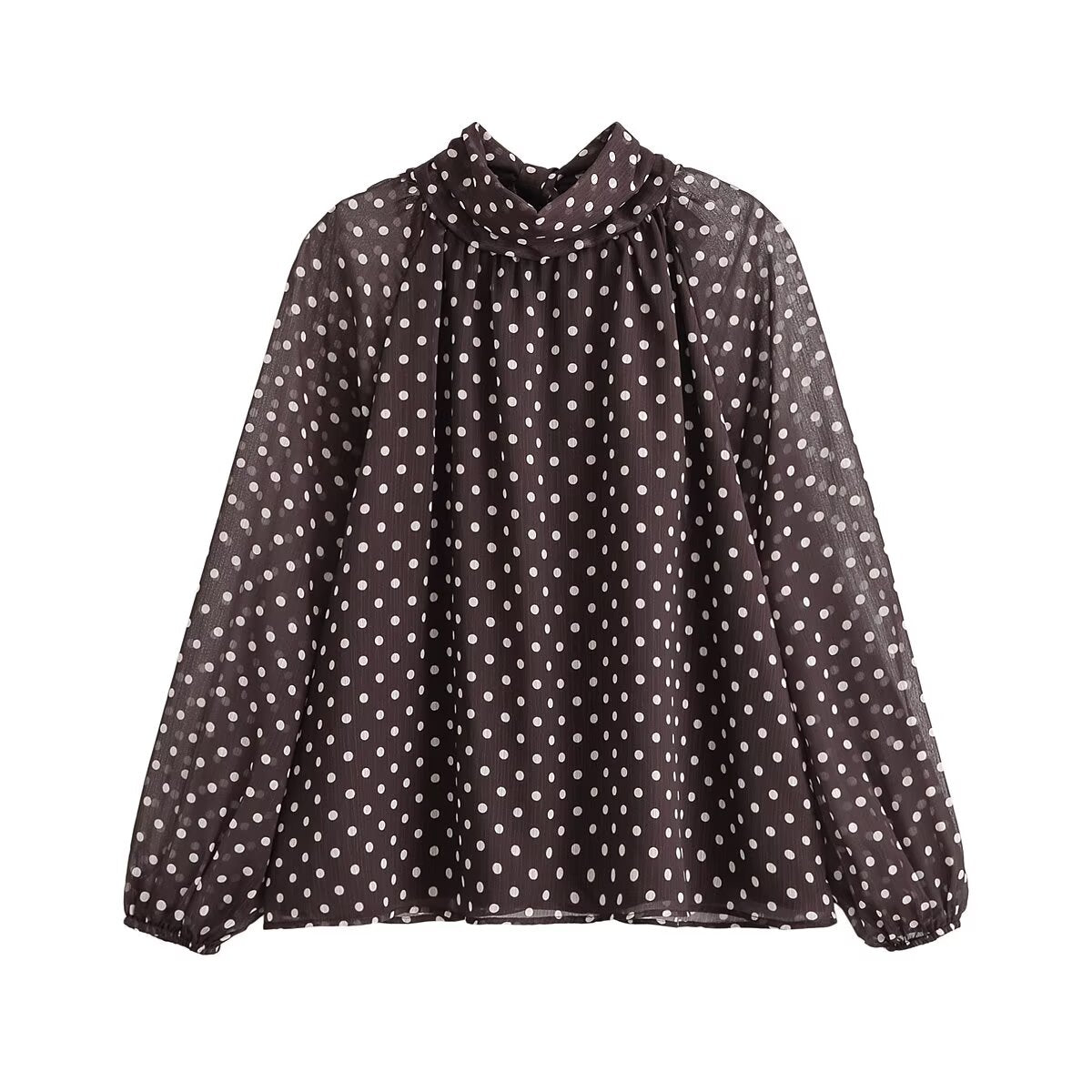 Bowknot Polka Dot Tie-Neck Long Sleeve Blouse