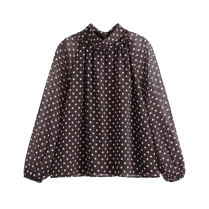 Bowknot Polka Dot Tie-Neck Long Sleeve Blouse