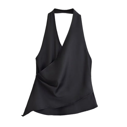 Satin Asymmetric Sleeveless Halter Sling Top