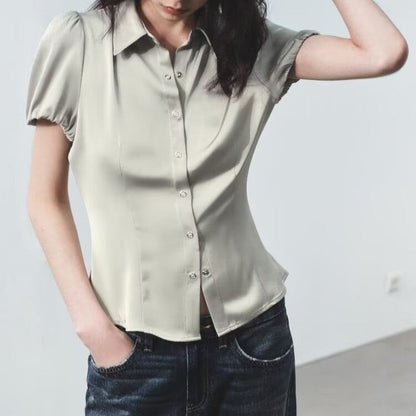 Polo Collar Silk Satin Textured Slim Short Sleeve Shirt